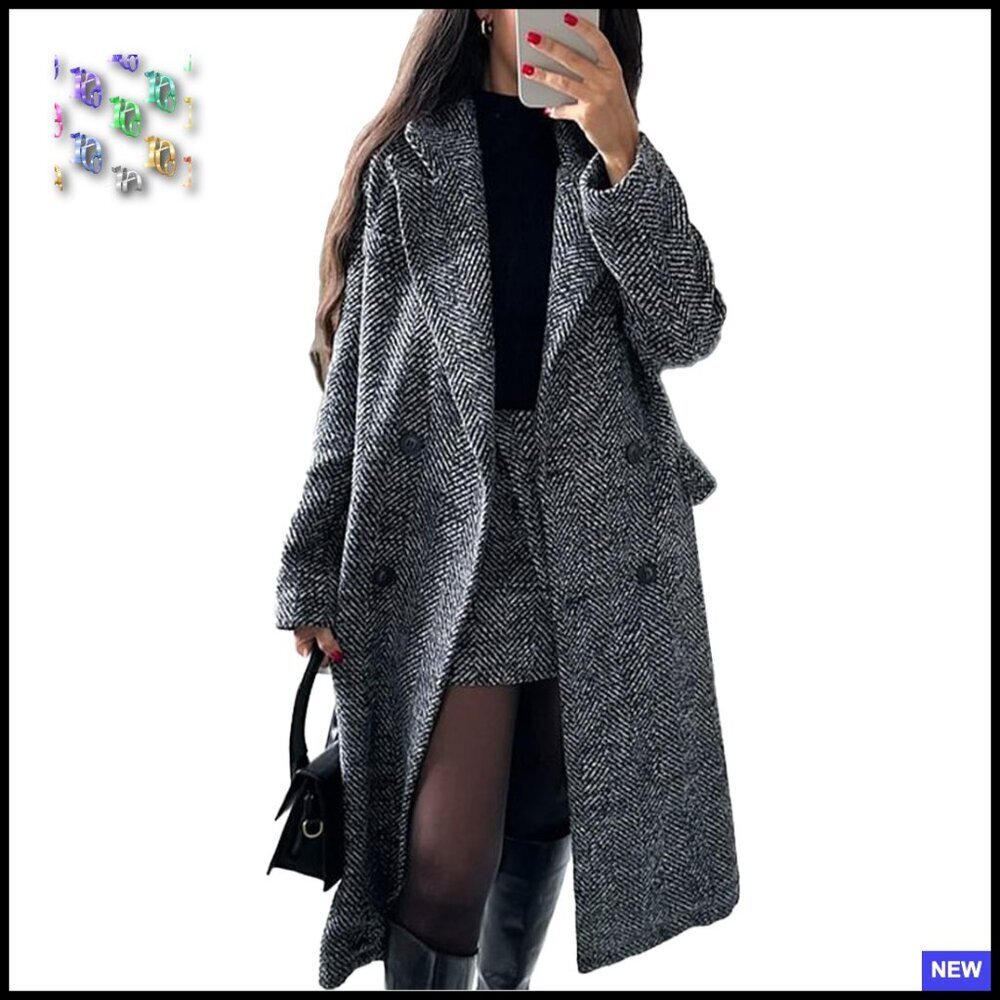 Herringbone Wool Trench Coat Double Breasted Notch Collar Slim Fit Long Pea Coat